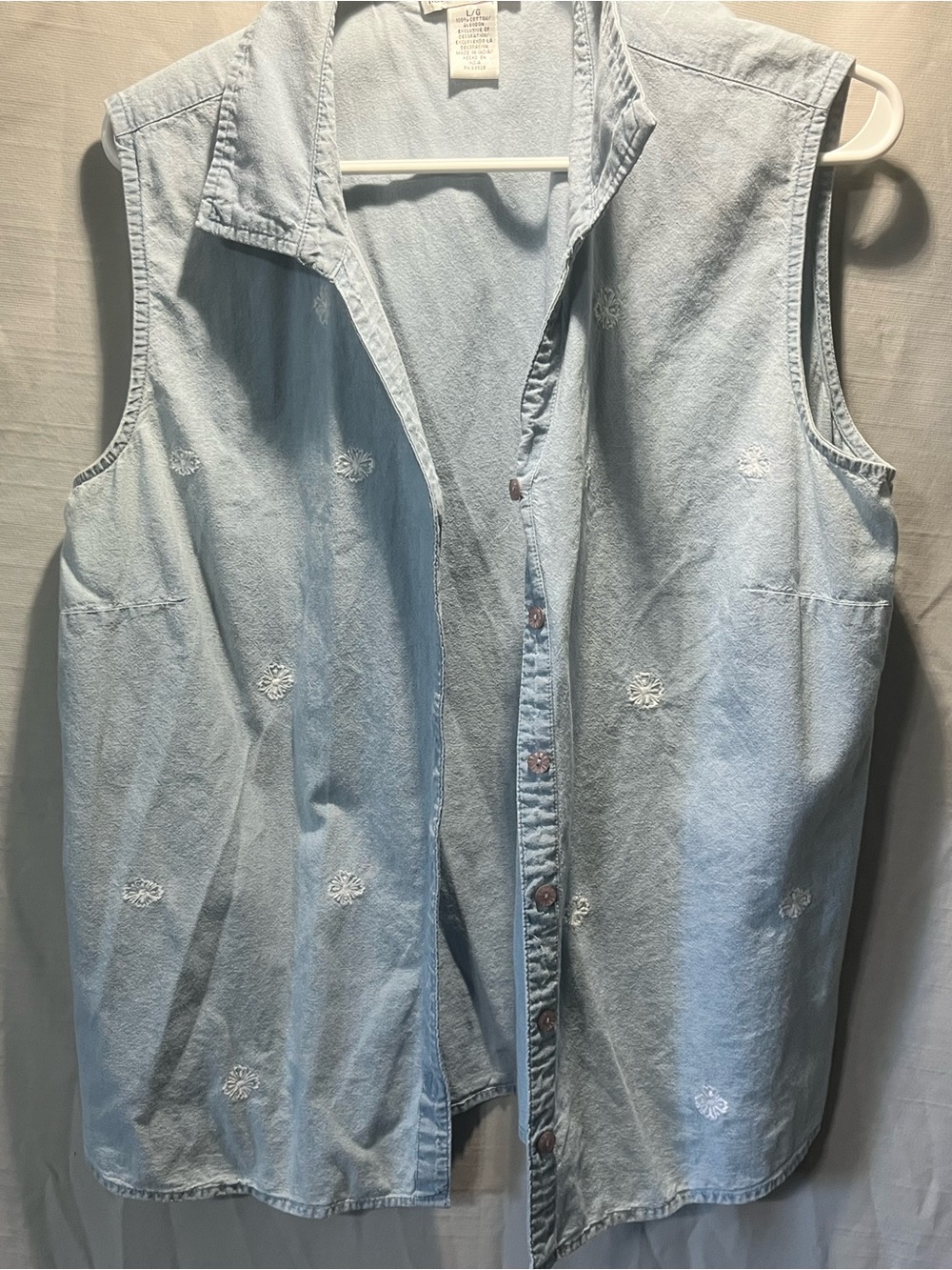 Rebecca malone largeLight Blue Sleeveless Denim Shirt - Casual Embroidered Front